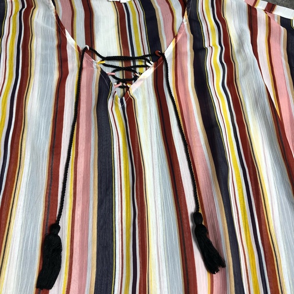 Maurices Blouse Womens XL White Red Boho Sheer Tassle Striped Flowy Top 🎃 - Picture 2 of 10